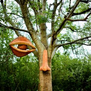œuvres en terre cuite en forme d'œil et de nez dans un arbre