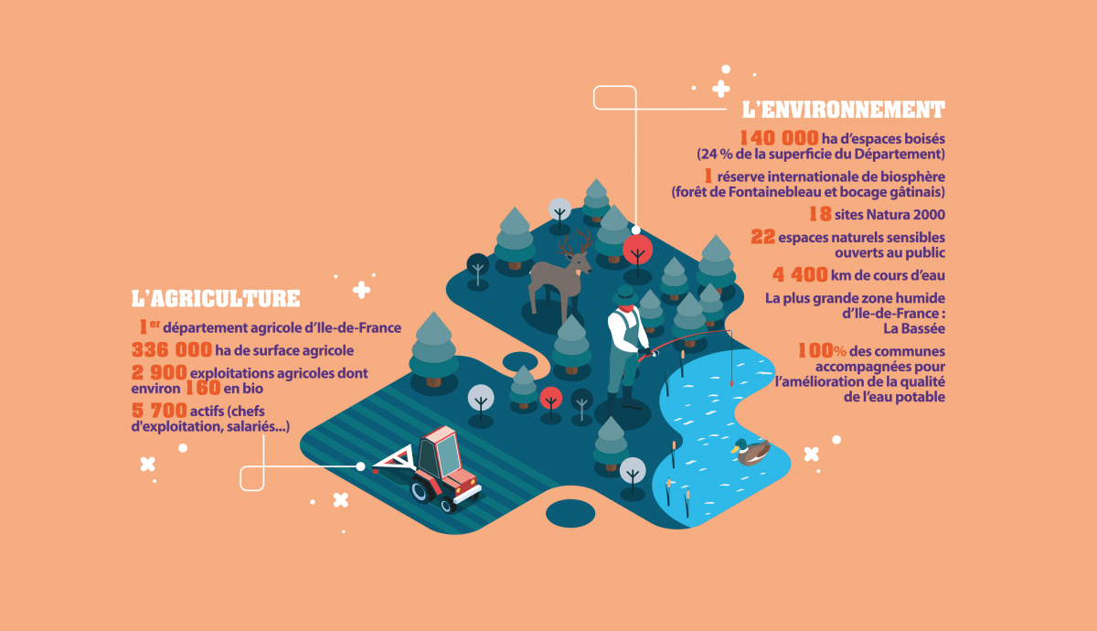 Infographie sur l'environnement et l'agriculture en Seine-et-Marne avec ses 336 000 hectares de surface agricole et ses 140 000 hectares d'espaces boisés. La Seine-et-Marne compte 2 900 exploitations agricoles dont 160 en bio avec 5 700 actifs. Toutes les communes sont accompagnées par le Département pour l'amélioration de la qualité de l'eau potable.
