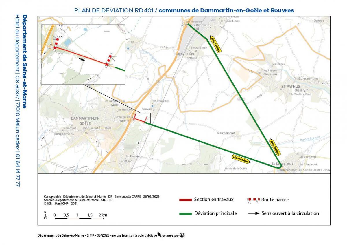 Plan de déviation  RD 401 fermeture 2026