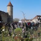 Stand de pépiniéristes devant l'enceinte d'un château médiéval