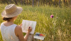 Une femme dessine à l'aquarelle dans une forêt