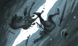 Illustration représentant la chute d'un homme et d'un cheval dans une avalanche