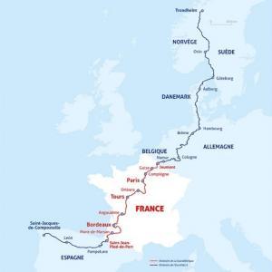 Carte de l'itinéraire de la Scandibérique reliant Trondheim en Norvège à Saint‐Jacques‐de‐Compostelle en Espagne