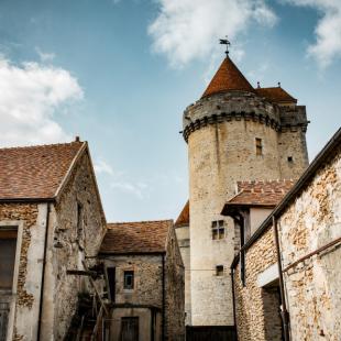 Une tours du château de Blandy surplombe la ferme de Blandy