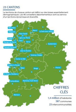 Les 23 cantons de la Seine-et-Marne sont : Mitry-Mory, Villeparisis, Claye-Souilly, Meaux, La Ferté-sous-Jouarre, Chelles, Lagny-sur-Marne, Torcy, Champs-sur-Marne, Serris, Coulommiers, Pontault-Combault, Ozoir-la-Ferrière, Fontenay-Trésigny, Combs-la-Ville, Savigny-le-Temple, Melun, Nangis, Provins, Saint-Fargeau-Ponthierry, Fontainebleau, Montereau-Fault-Yonne et Nemours.