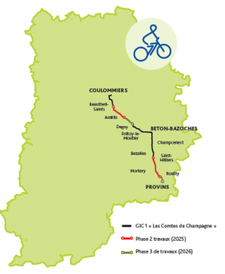 Carte du Grand Itinéraire Cyclable "Les Comtes de Champagne"