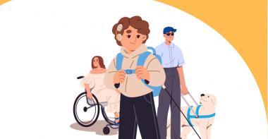 trois personnes représentent les handicaps visuels, moteurs et auditifs