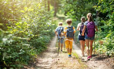 Des jeunes randonneurs sur un chemin dans une forêt