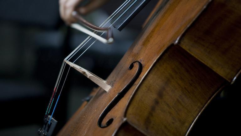 Un archet posé sur les cordes d'un violoncelle 