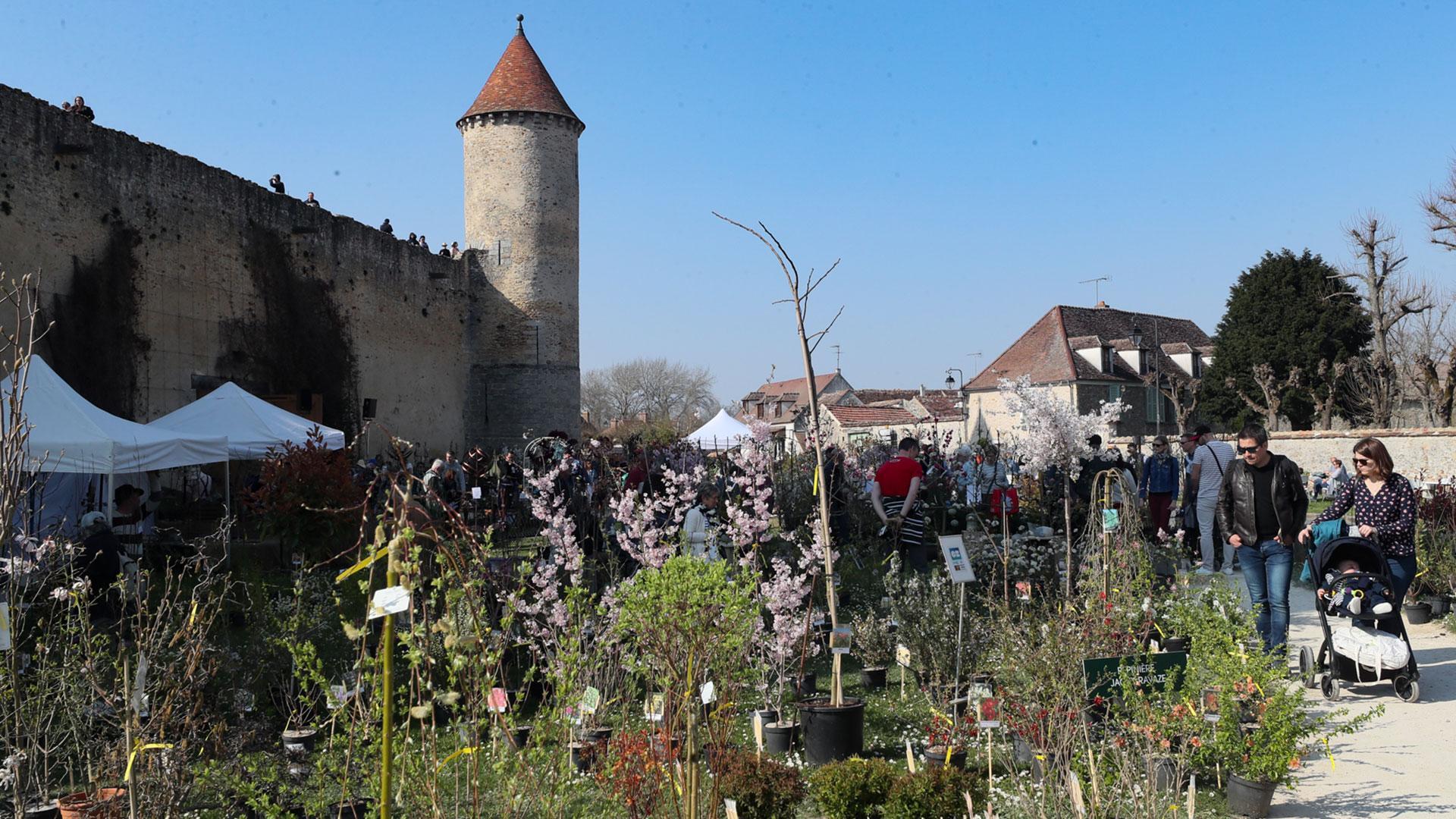 Stand de pépiniéristes devant l'enceinte d'un château médiéval
